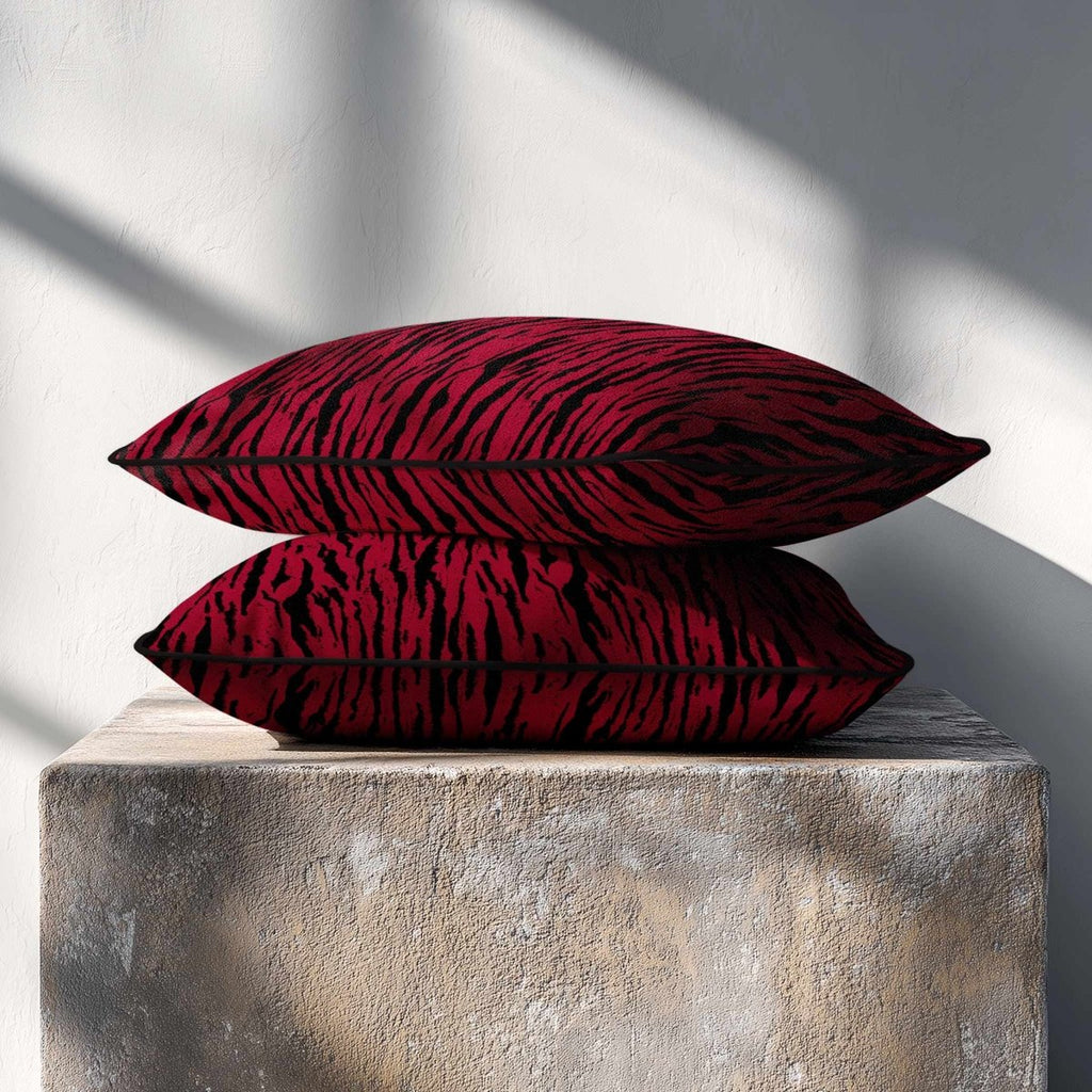 Tiger Print | Sustainable Velvet Rectangle Cushion - Raspberry Red 50 x 30 cm Piped by Izabela Peters