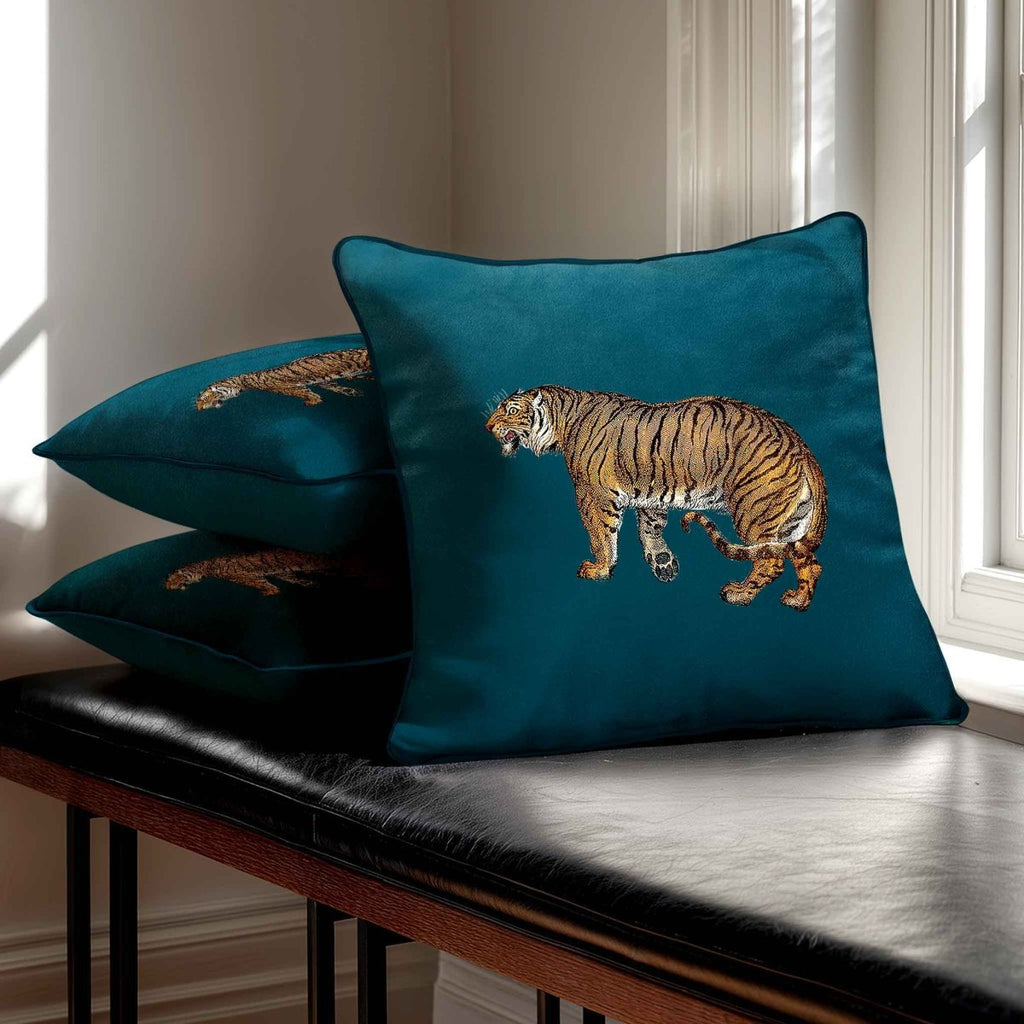 Tiger | Sustainable Velvet Cushion - Teal 40 x 40 cm Piped by Izabela Peters