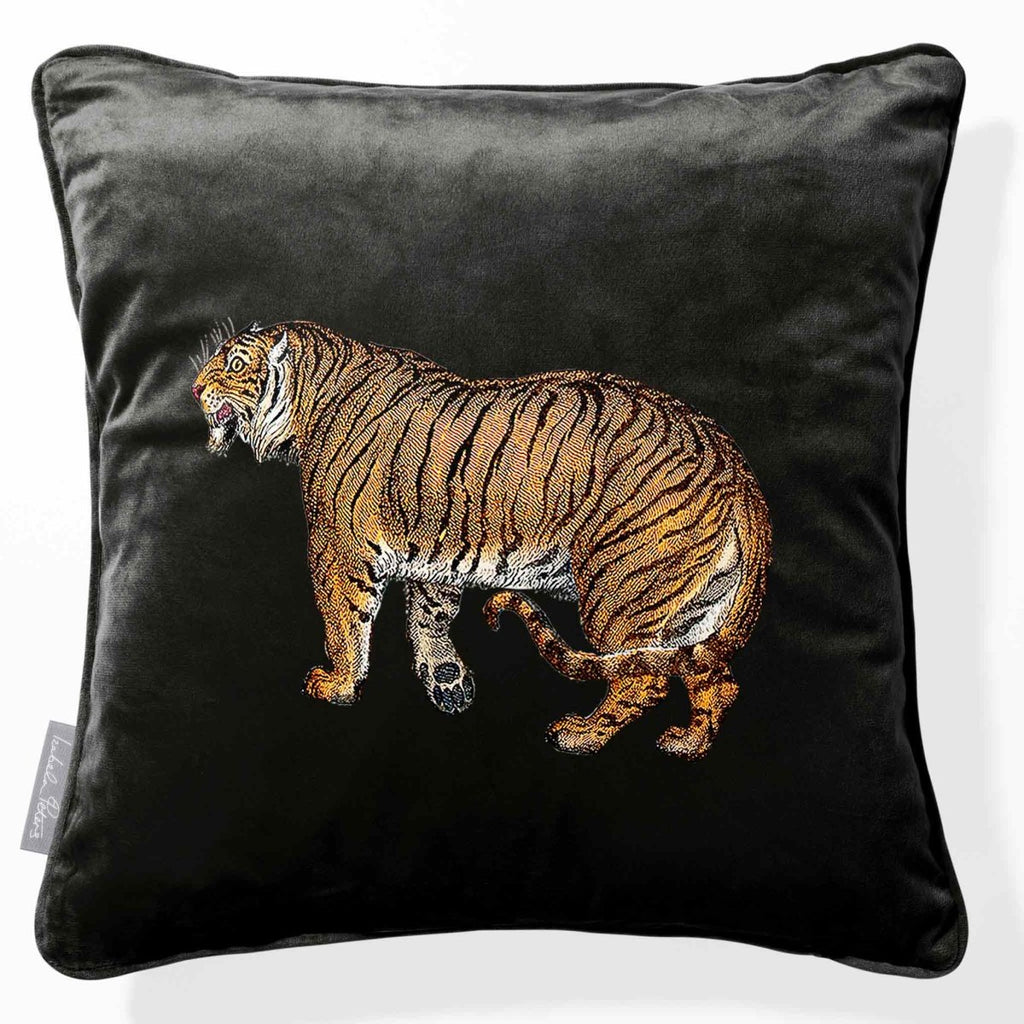 Tiger | Sustainable Velvet Cushion - Charcoal 40 x 40 cm Piped by Izabela Peters