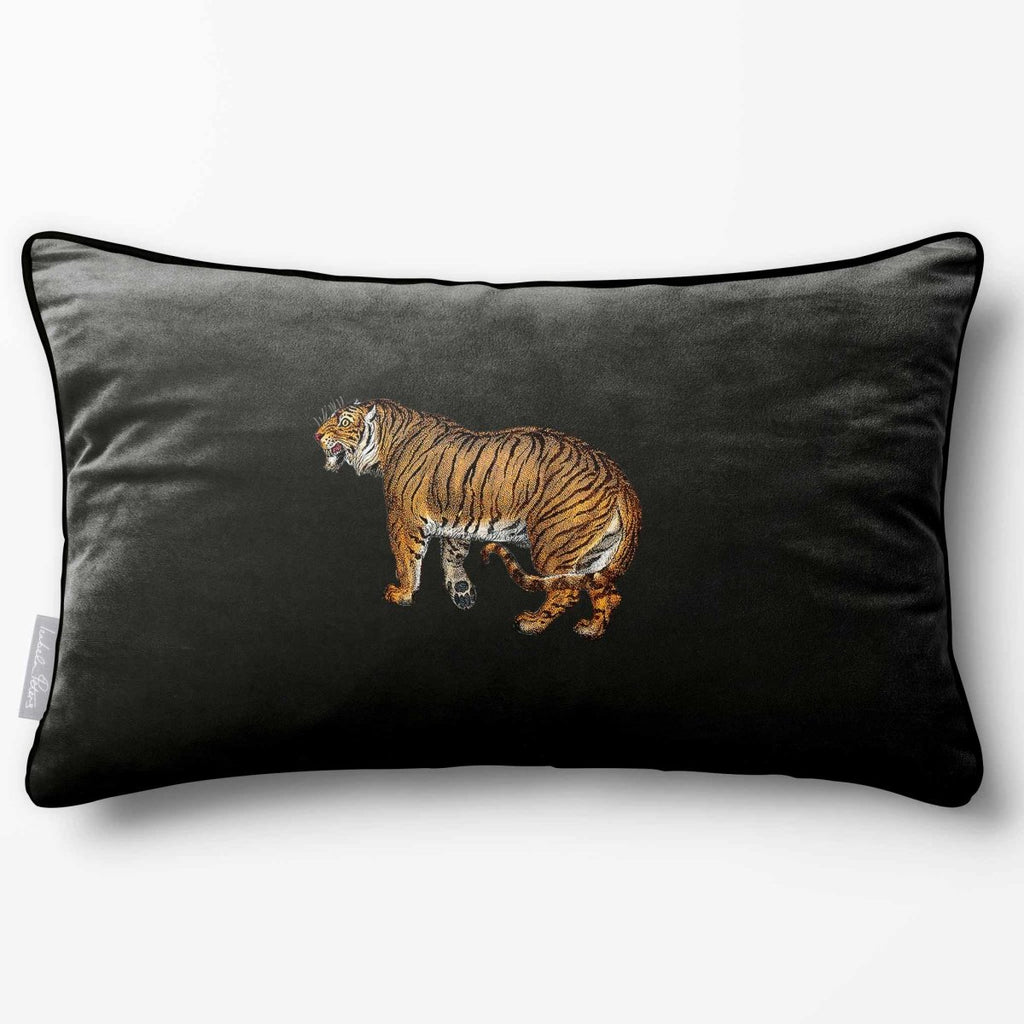 Tiger | Sustainable Velvet Rectangle Cushion - Charcoal 50 x 30 cm Piped by Izabela Peters