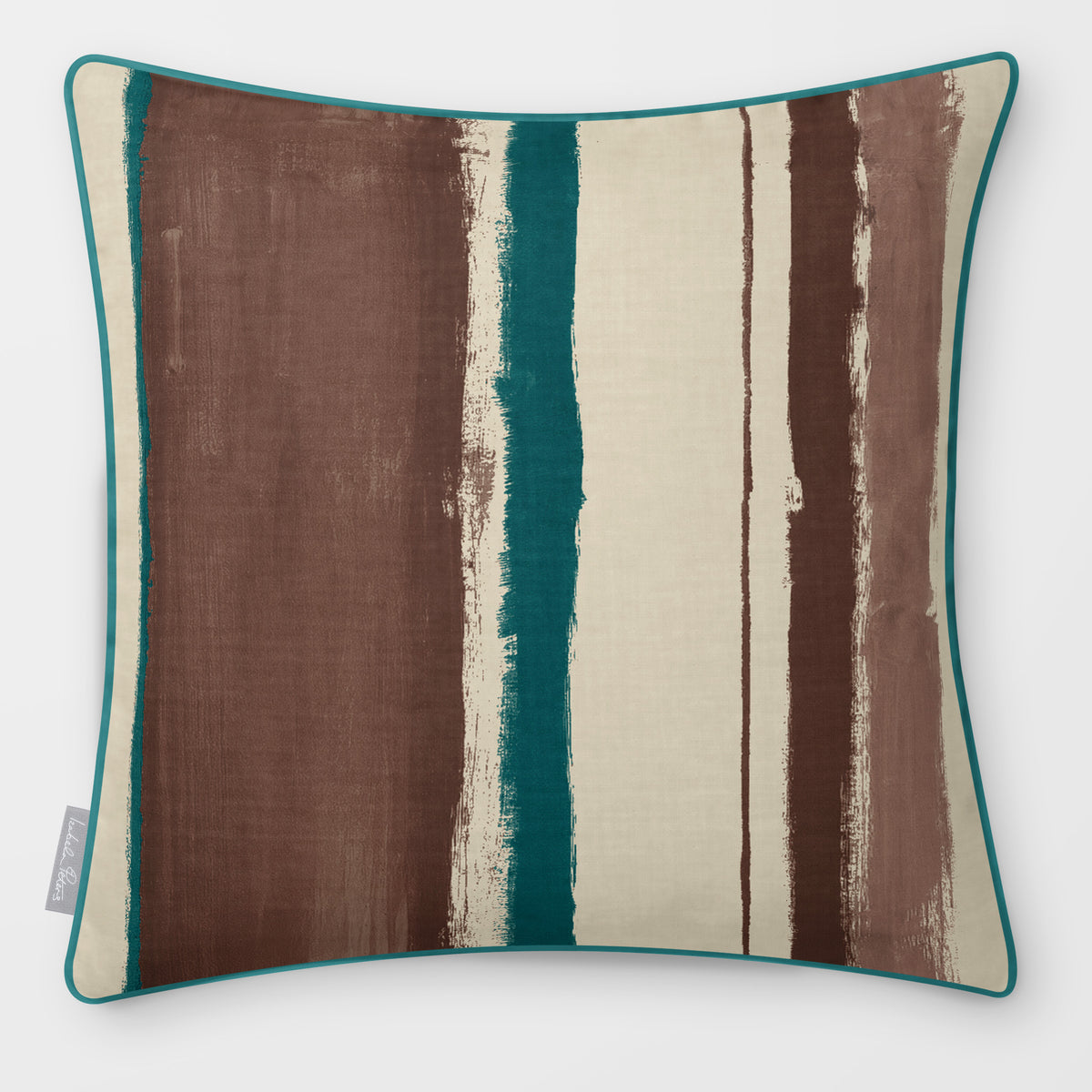 Unequal Stripe Cocoa & Teal linen-look square cushion, piped, front view.