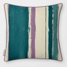 Unequal Stripe Ink Blue & Lilac linen-look square cushion, piped, front view.