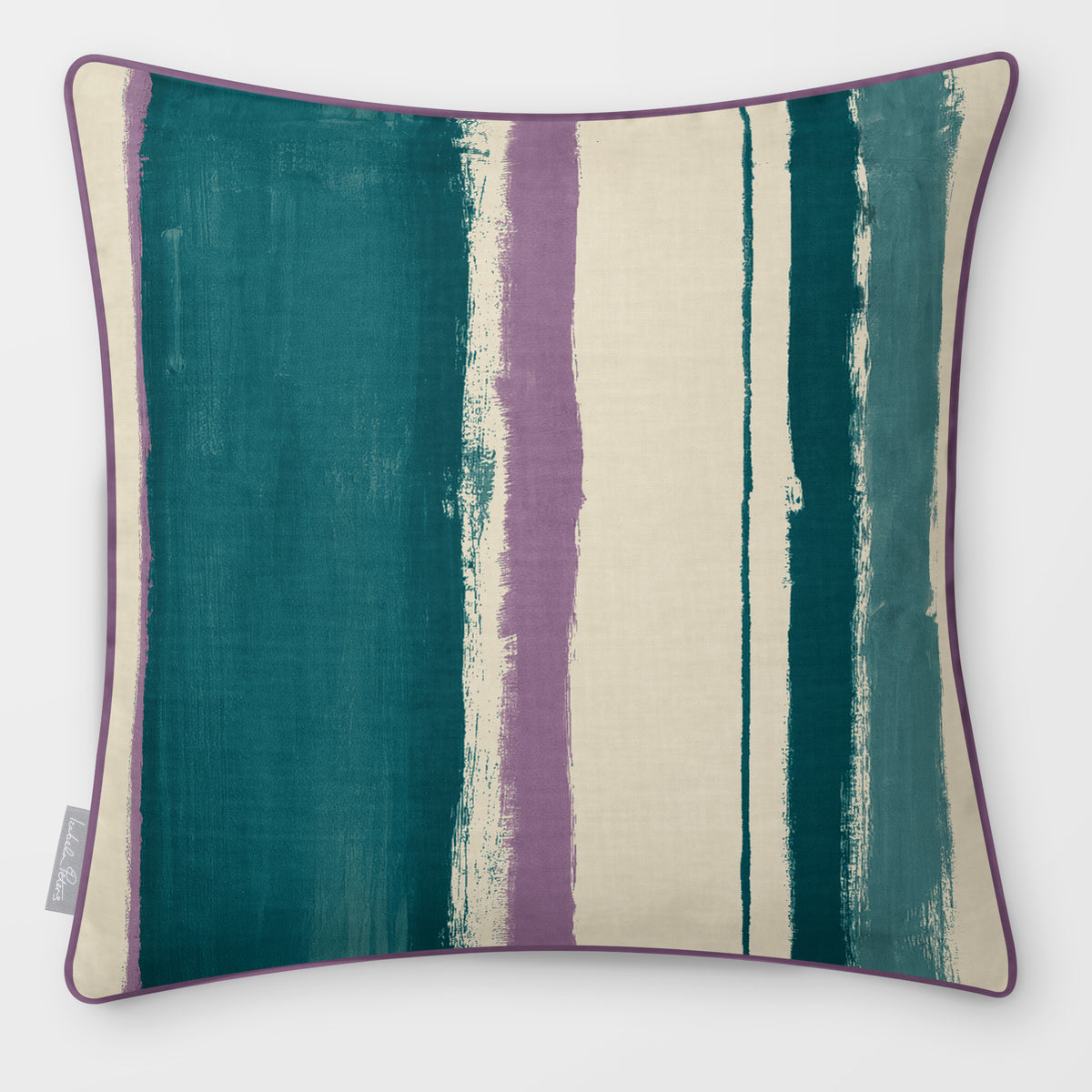 Unequal Stripe Ink Blue & Lilac linen-look square cushion, piped, front view.
