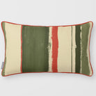 Unequal Stripe Olive & Tomato linen-look 50 × 30 cm rectangular cushion, piped, front view.