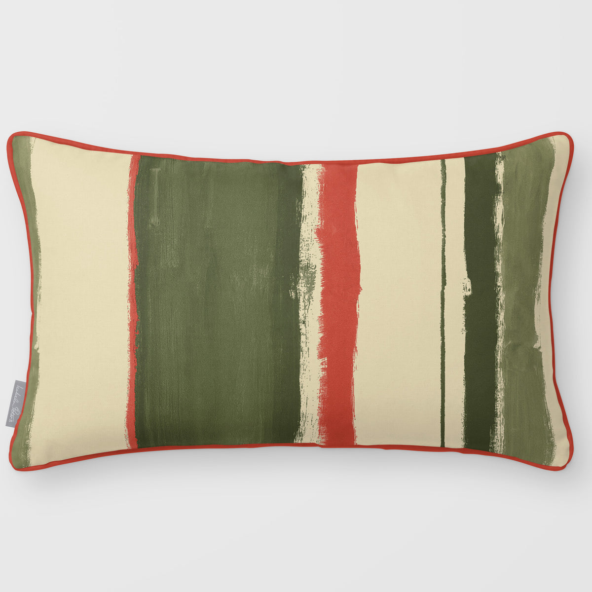 Unequal Stripe Olive & Tomato linen-look 50 × 30 cm rectangular cushion, piped, front view.