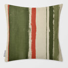 Unequal Stripe Olive & Tomato linen-look square cushion, plain sewn edge, front view.
