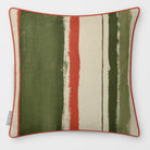 Unequal Stripe Olive & Tomato linen-look square cushion, piped, front view.