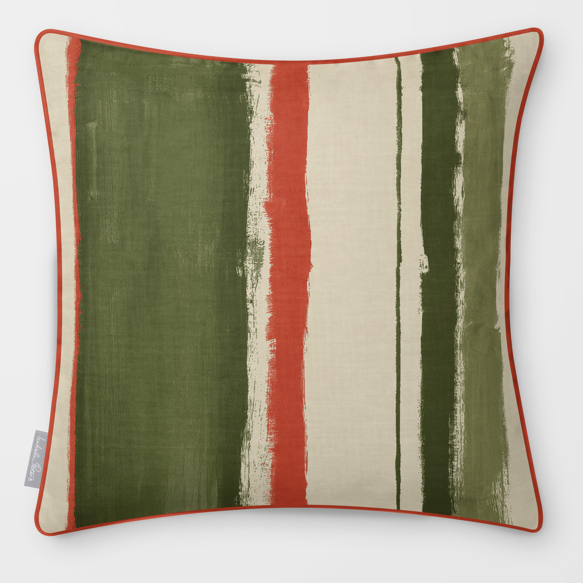 Unequal Stripe Olive & Tomato linen-look square cushion, piped, front view.