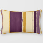 Unequal Stripe Plum & Saffron linen-look 50 × 30 cm rectangular cushion, piped, front view.