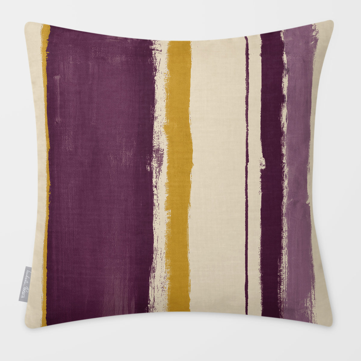Unequal Stripe Plum & Saffron linen-look square cushion, plain sewn edge, front view.