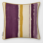 Unequal Stripe Plum & Saffron linen-look square cushion, piped, front view.