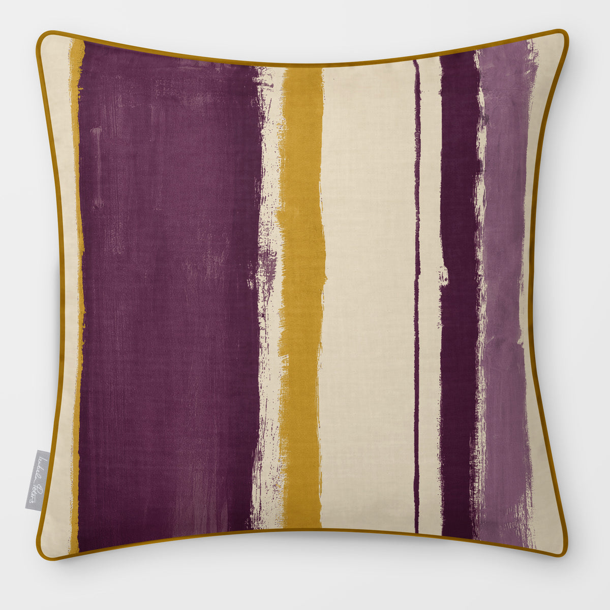 Unequal Stripe Plum & Saffron linen-look square cushion, piped, front view.