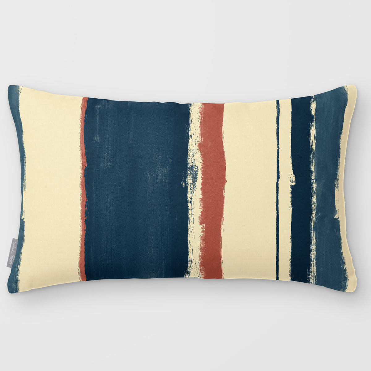 Unequal Stripe Teal & Persimmon linen-look 50 × 30 cm rectangular cushion, plain sewn edge, front view.