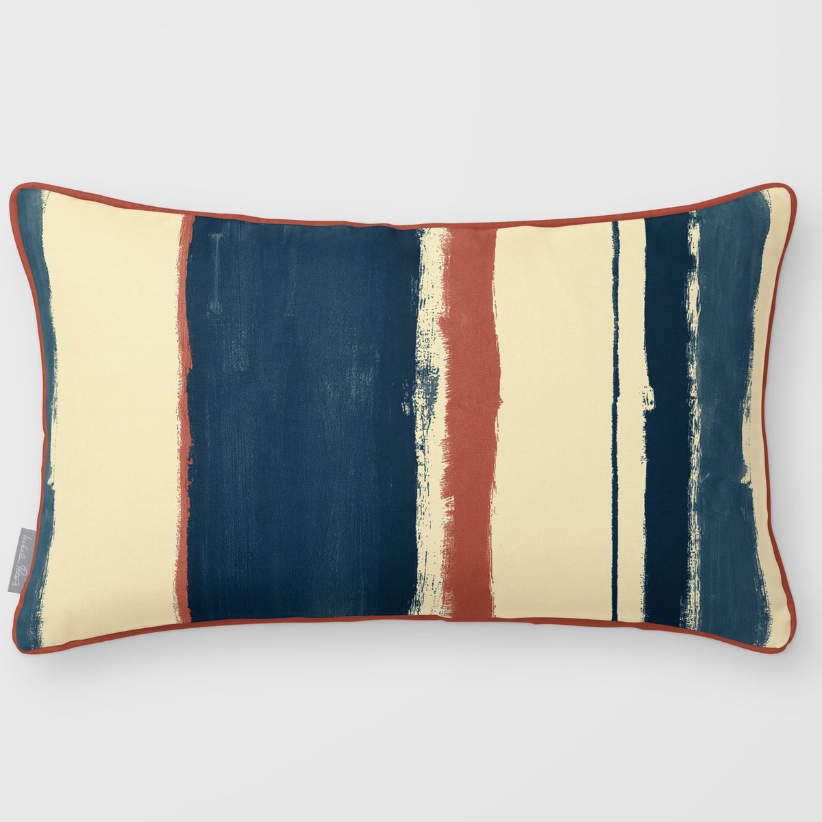 Unequal Stripe Teal & Persimmon linen-look 50 × 30 cm rectangular cushion, piped, front view.