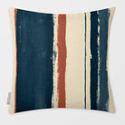 Unequal Stripe Teal & Persimmon linen-look square cushion, plain sewn edge, front view.