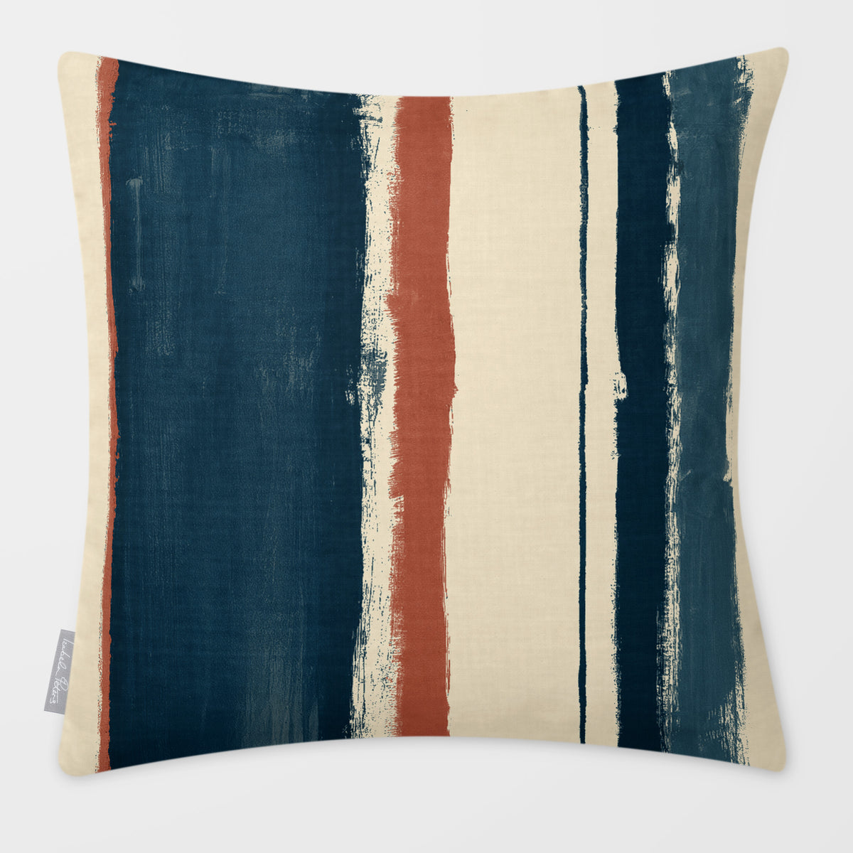Unequal Stripe Teal & Persimmon linen-look square cushion, plain sewn edge, front view.