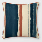 Unequal Stripe Teal & Persimmon linen-look square cushion, piped, front view.