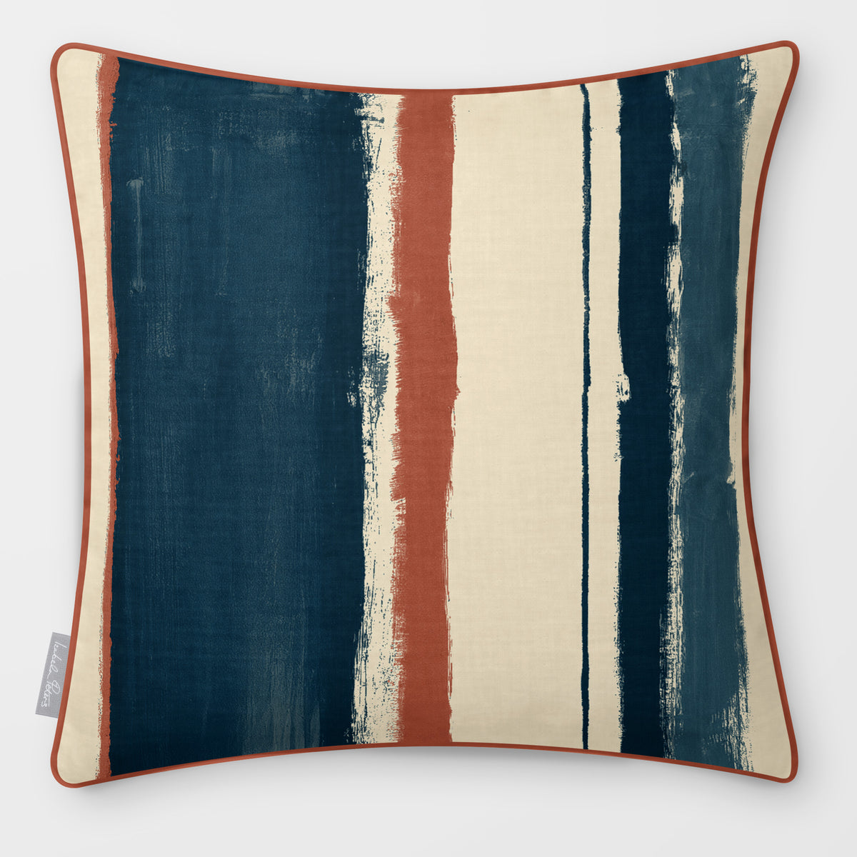 Unequal Stripe Teal & Persimmon linen-look square cushion, piped, front view.