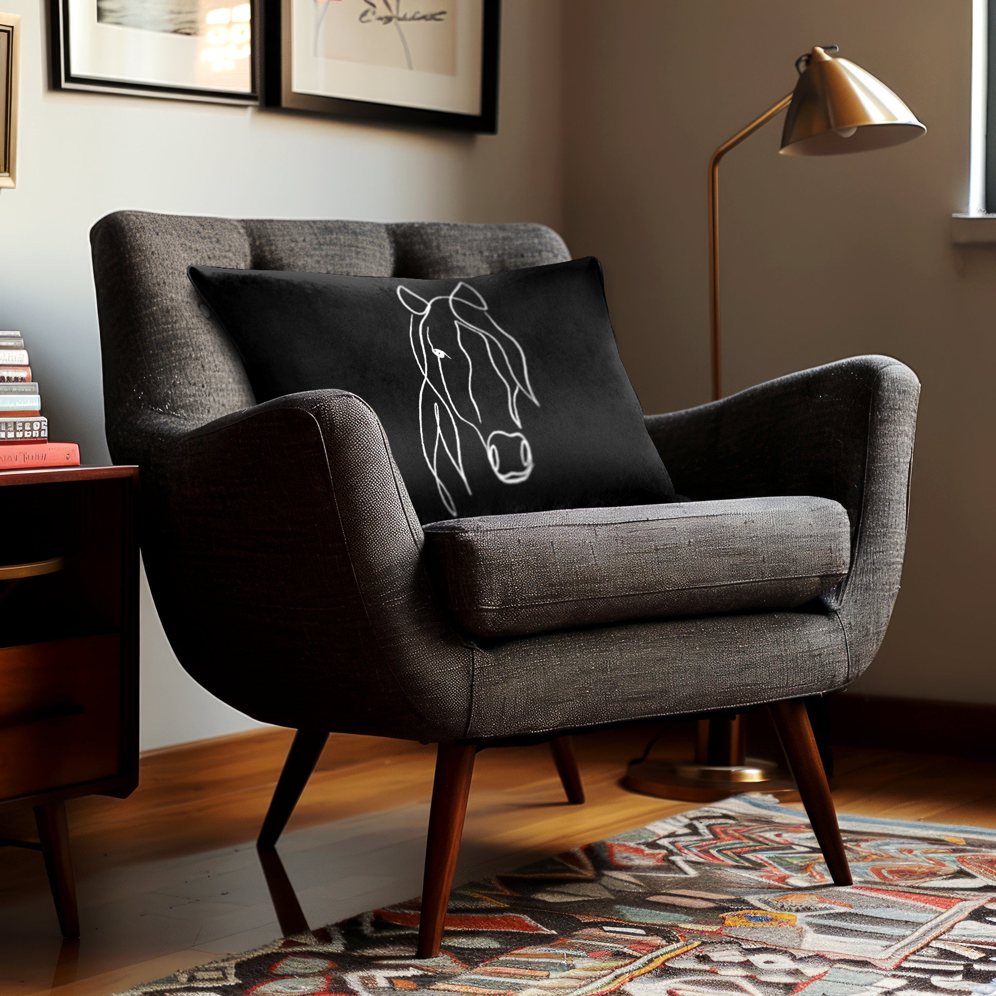 Horse | Sustainable Velvet Rectangle Cushion - Black and White 50 x 30 cm Cover Only by Izabela Peters