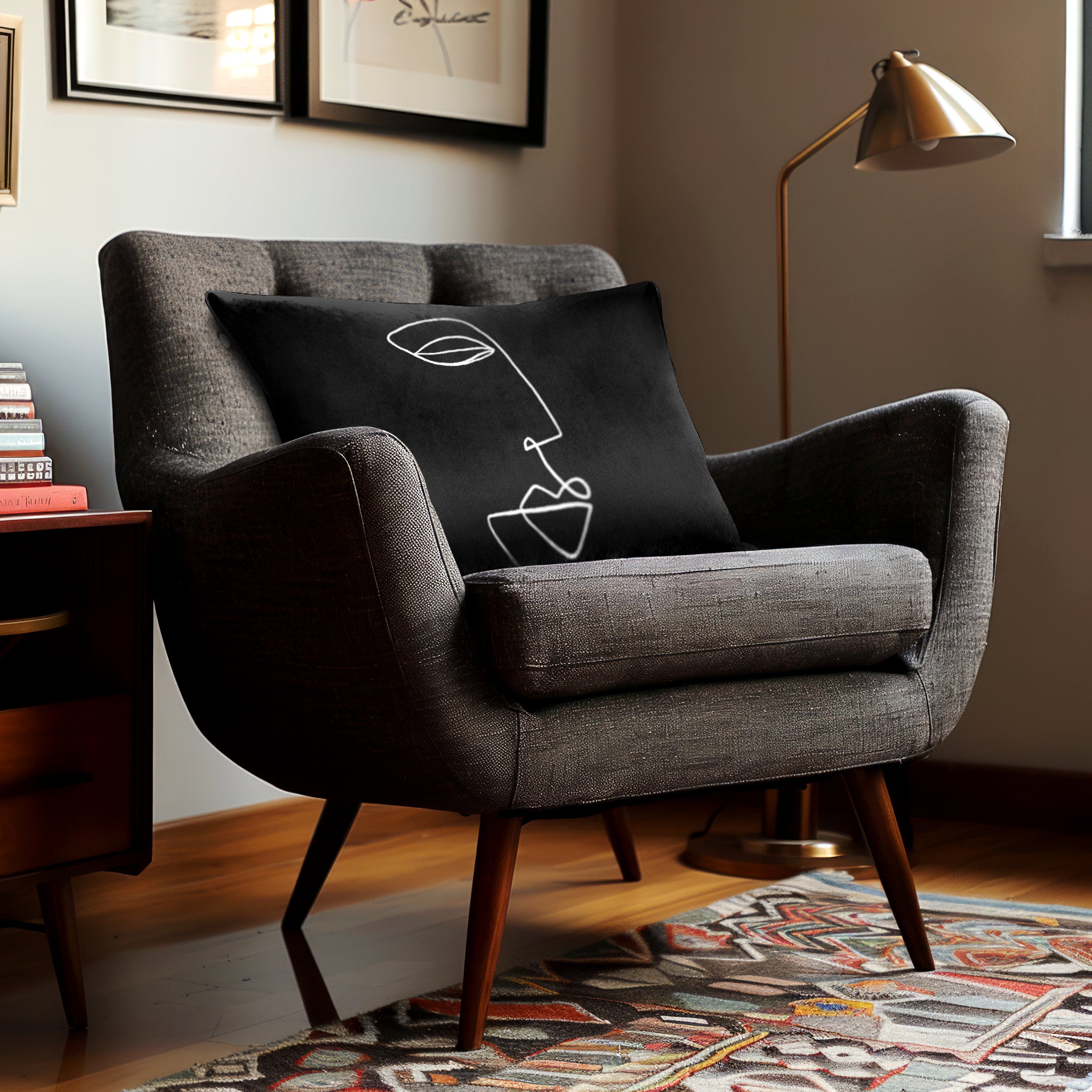 Joyful Face | Sustainable Velvet Rectangle Cushion - Black and White 50 x 30 cm Cover Only by Izabela Peters