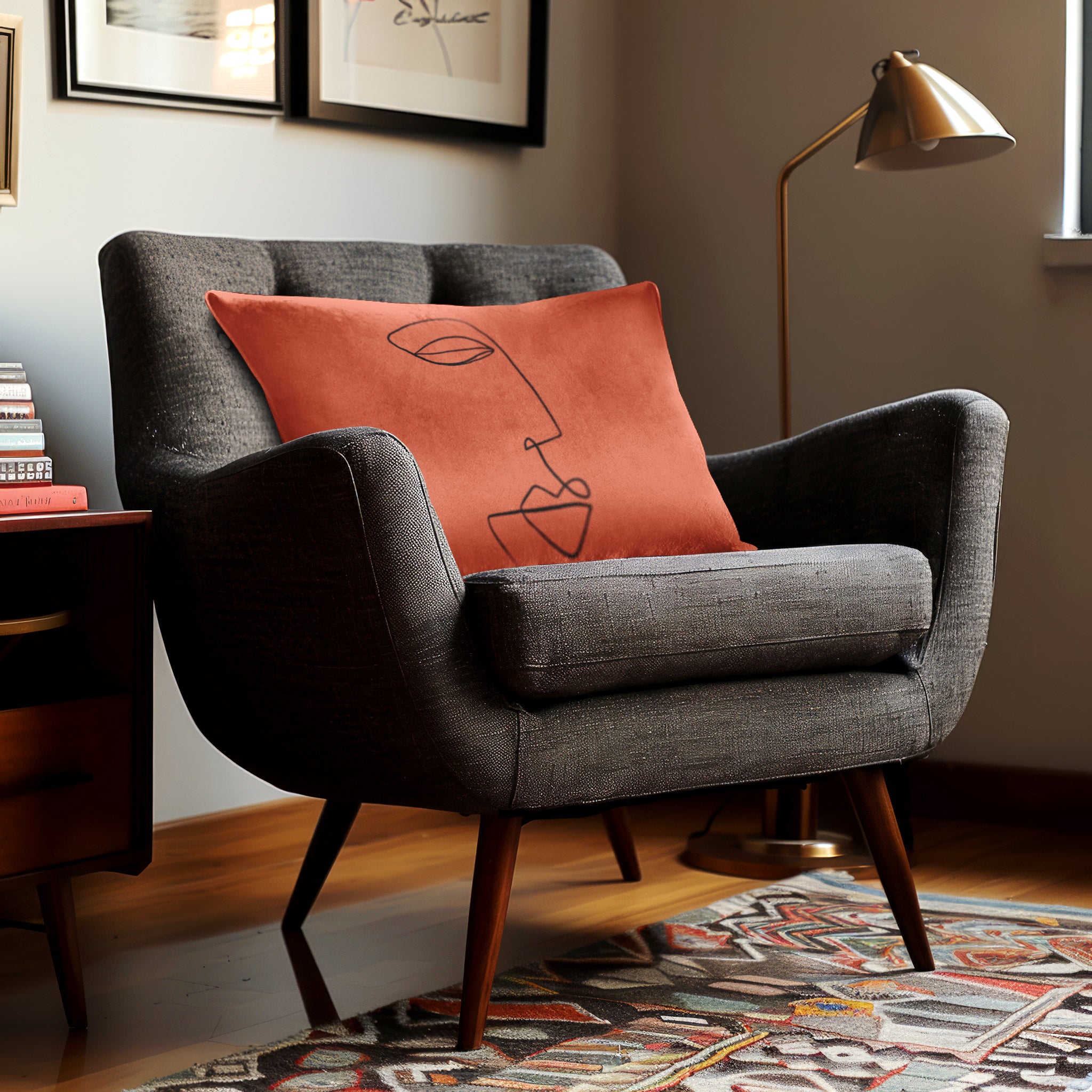 Joyful Face | Sustainable Velvet Rectangle Cushion - Burnt Ochre 50 x 30 cm Cover Only by Izabela Peters