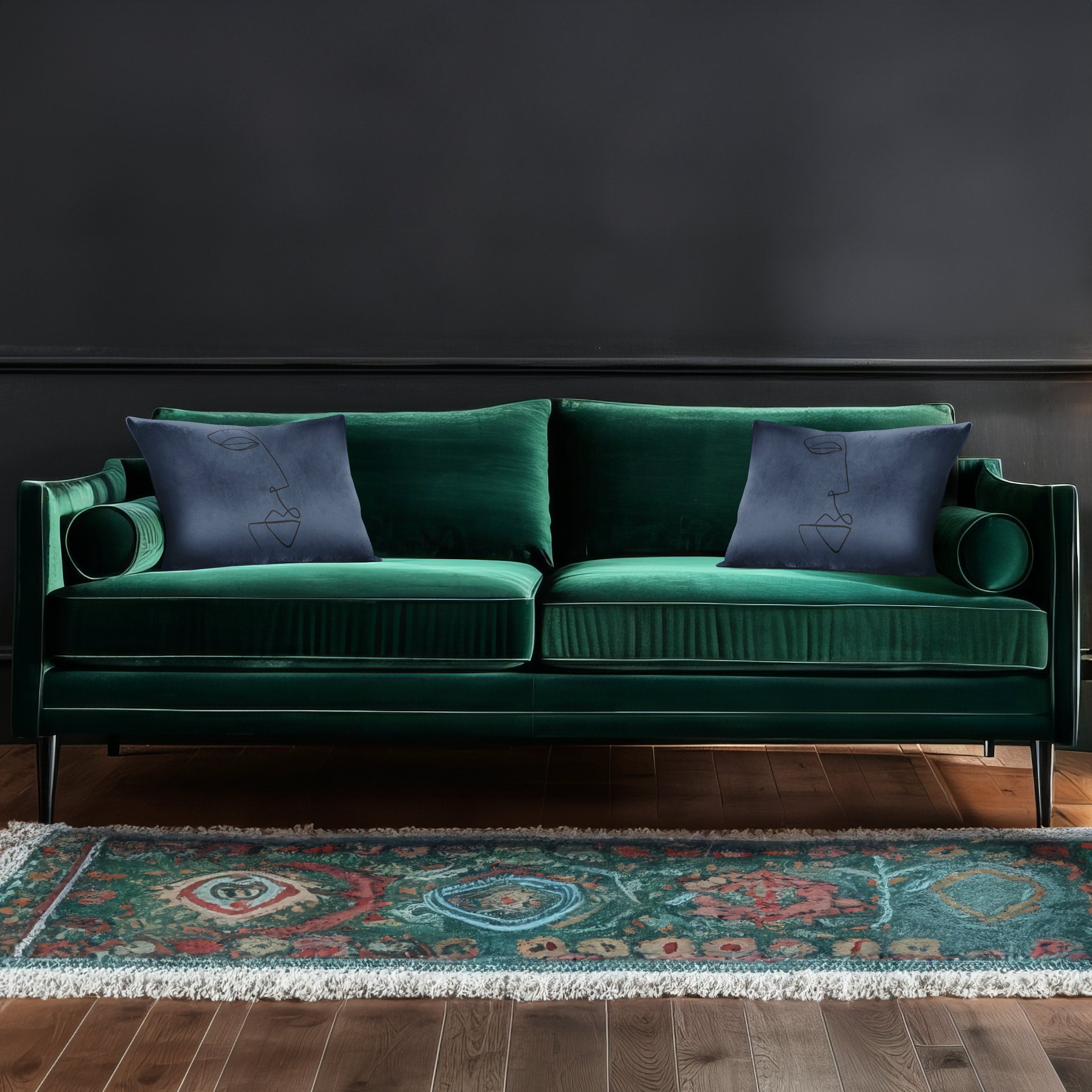 Joyful Face | Sustainable Velvet Rectangle Cushion - Petrol Blue 50 x 30 cm Cover Only by Izabela Peters