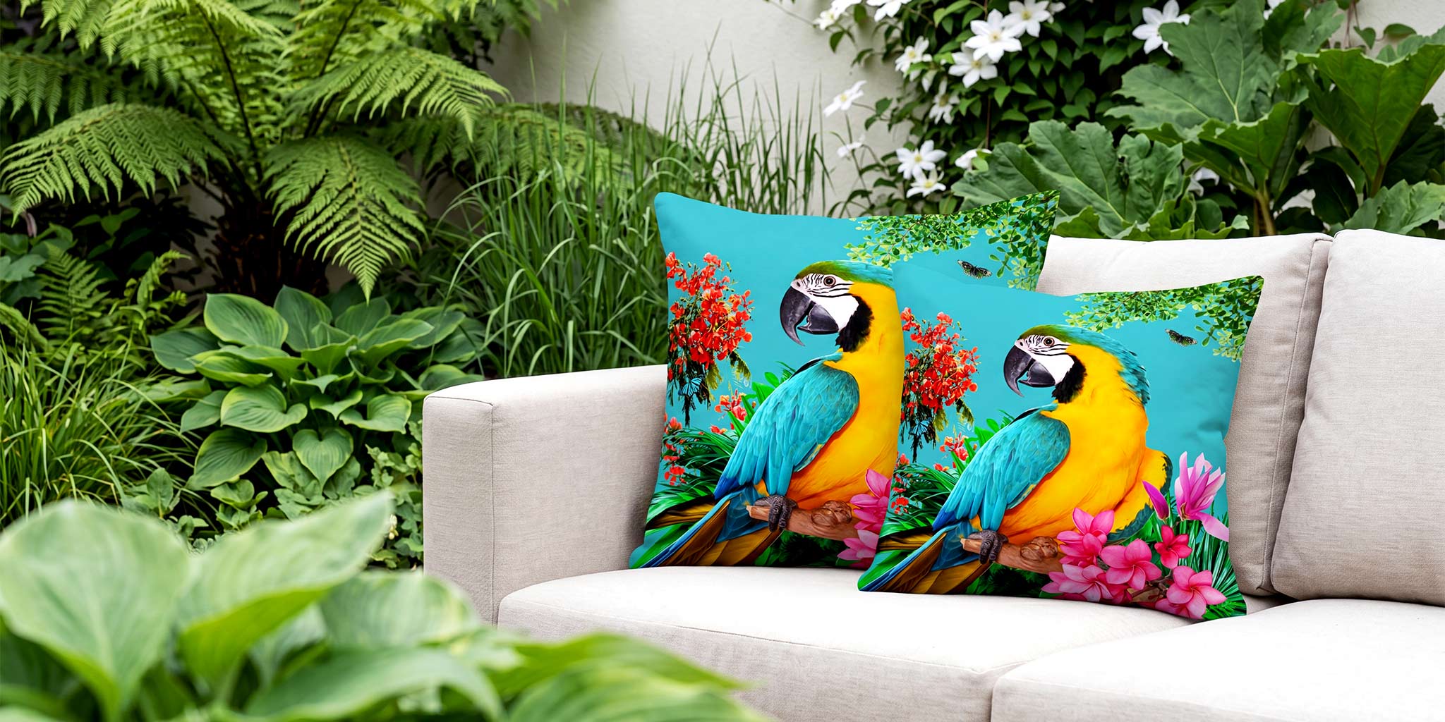 Decorative pillows with parrot design on a couch in a garden setting