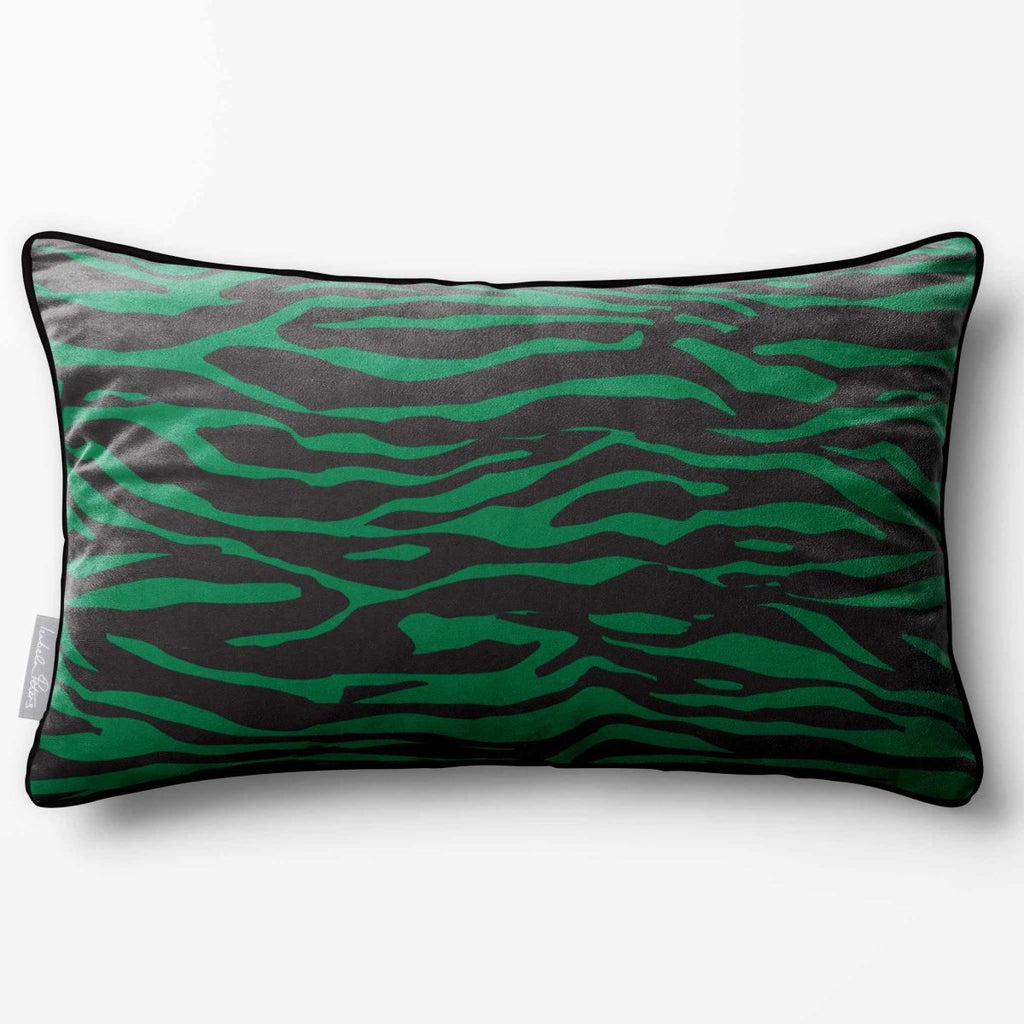 Zebra Print | Sustainable Velvet Rectangle Cushion - Emerald Green 50 x 30 cm Piped by Izabela Peters