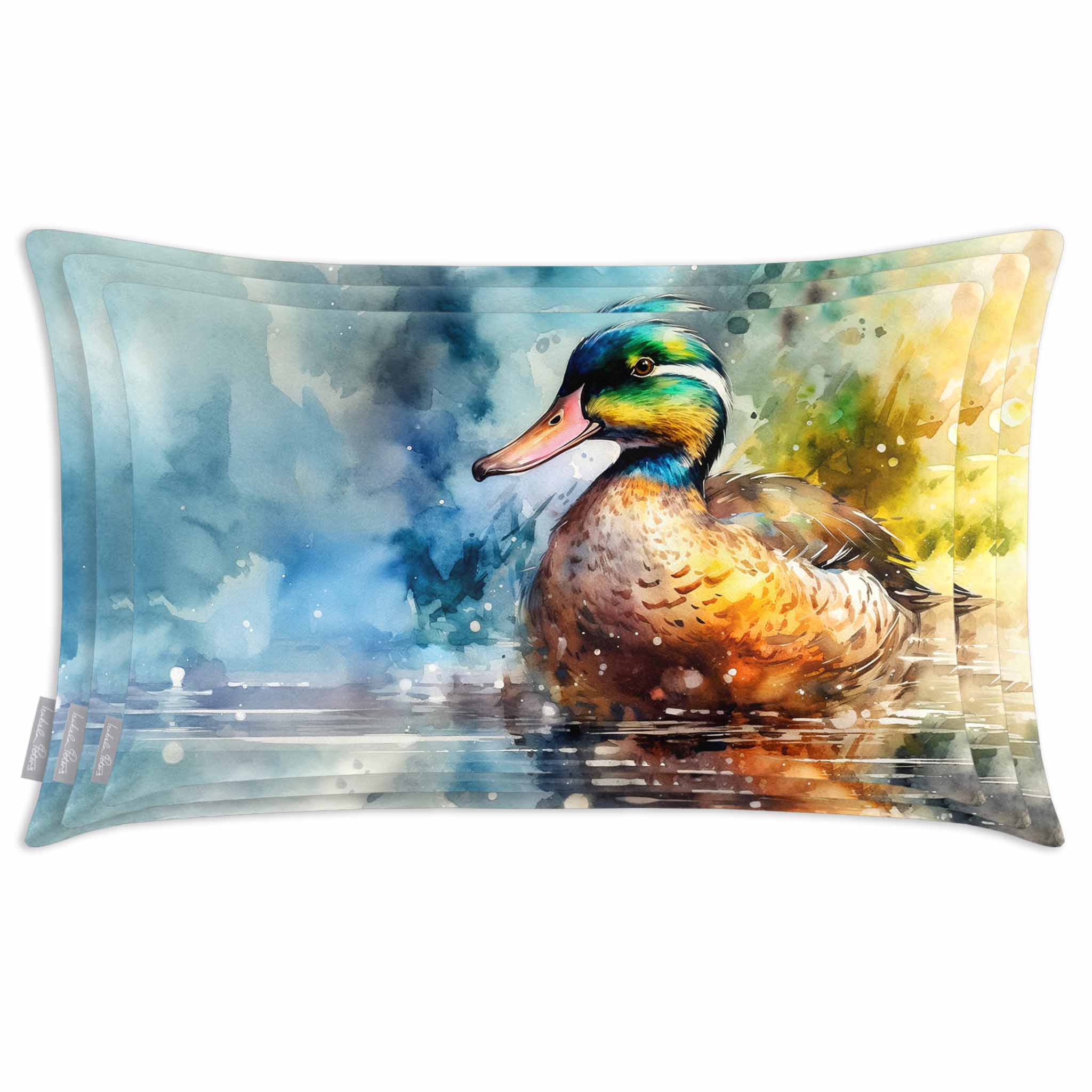 Mallard on Wilfin Beck | Sustainable Velvet Rectangle Cushion - 50 x 30 cm Cover Only Multicoloured by Izabela Peters