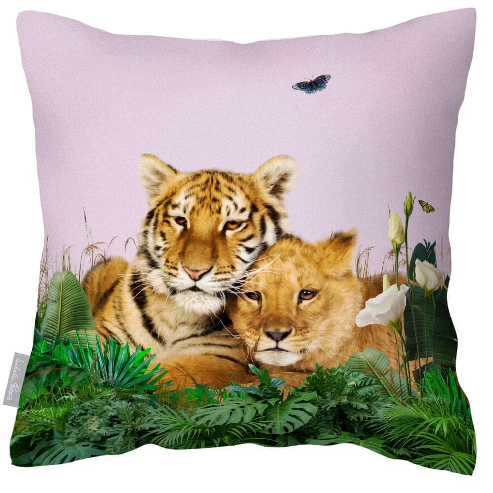 Outdoor Garden Waterproof Cushion - Big Cat Family - Blush Pink 50 x 50 cm by Izabela Peters