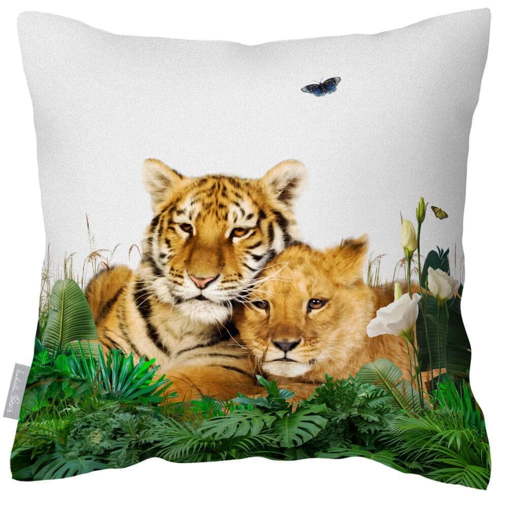 Outdoor Garden Waterproof Cushion - Big Cat Family - White 50 x 50 cm by Izabela Peters