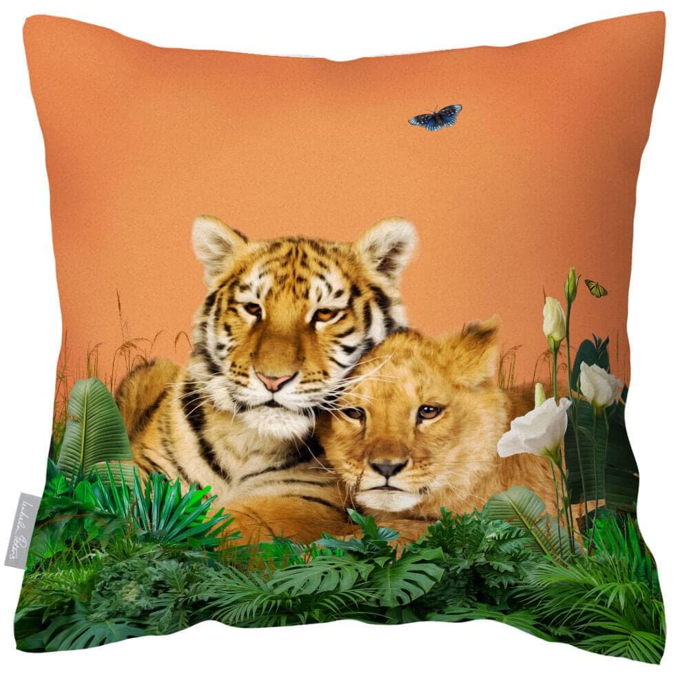 Outdoor Garden Waterproof Cushion - Big Cat Family - Burnt Orange 50 x 50 cm by Izabela Peters