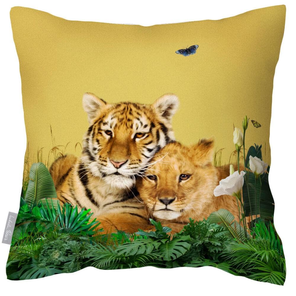Outdoor Garden Waterproof Cushion - Big Cat Family - Mustard 50 x 50 cm by Izabela Peters