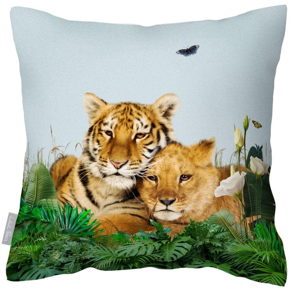Outdoor Garden Waterproof Cushion - Big Cat Family - Duck Egg 50 x 50 cm by Izabela Peters