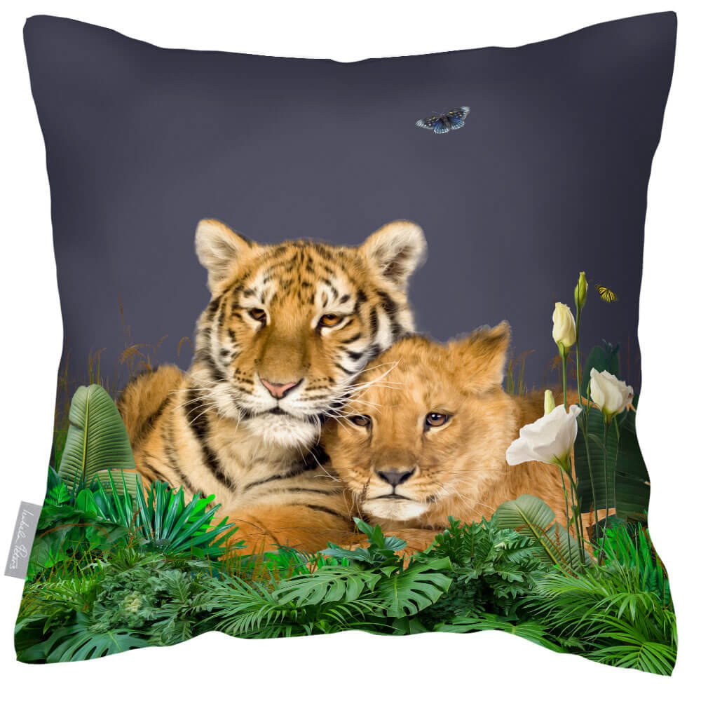 Outdoor Garden Waterproof Cushion - Big Cat Family - Graphite 50 x 50 cm by Izabela Peters