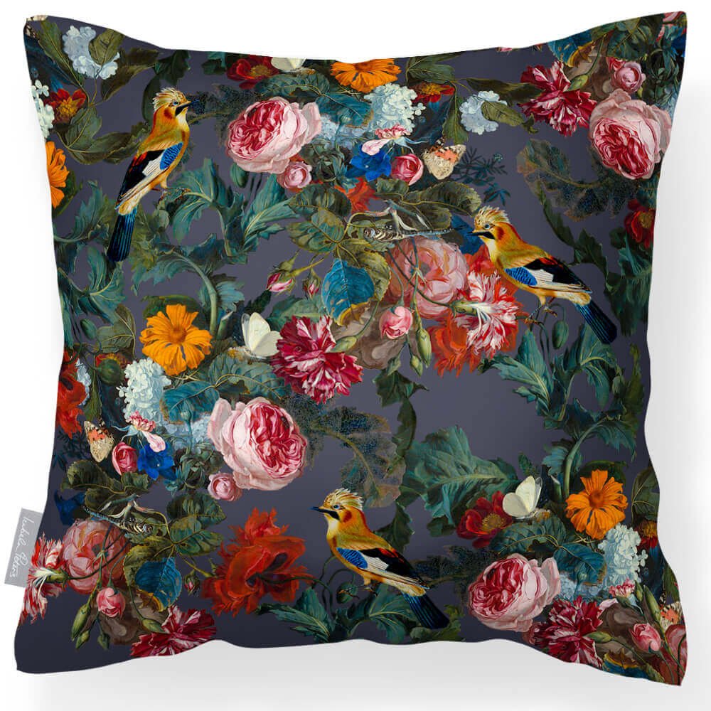 Outdoor Garden Waterproof Cushion - Birds In Paradise - Graphite 45 x 45 cm by Izabela Peters