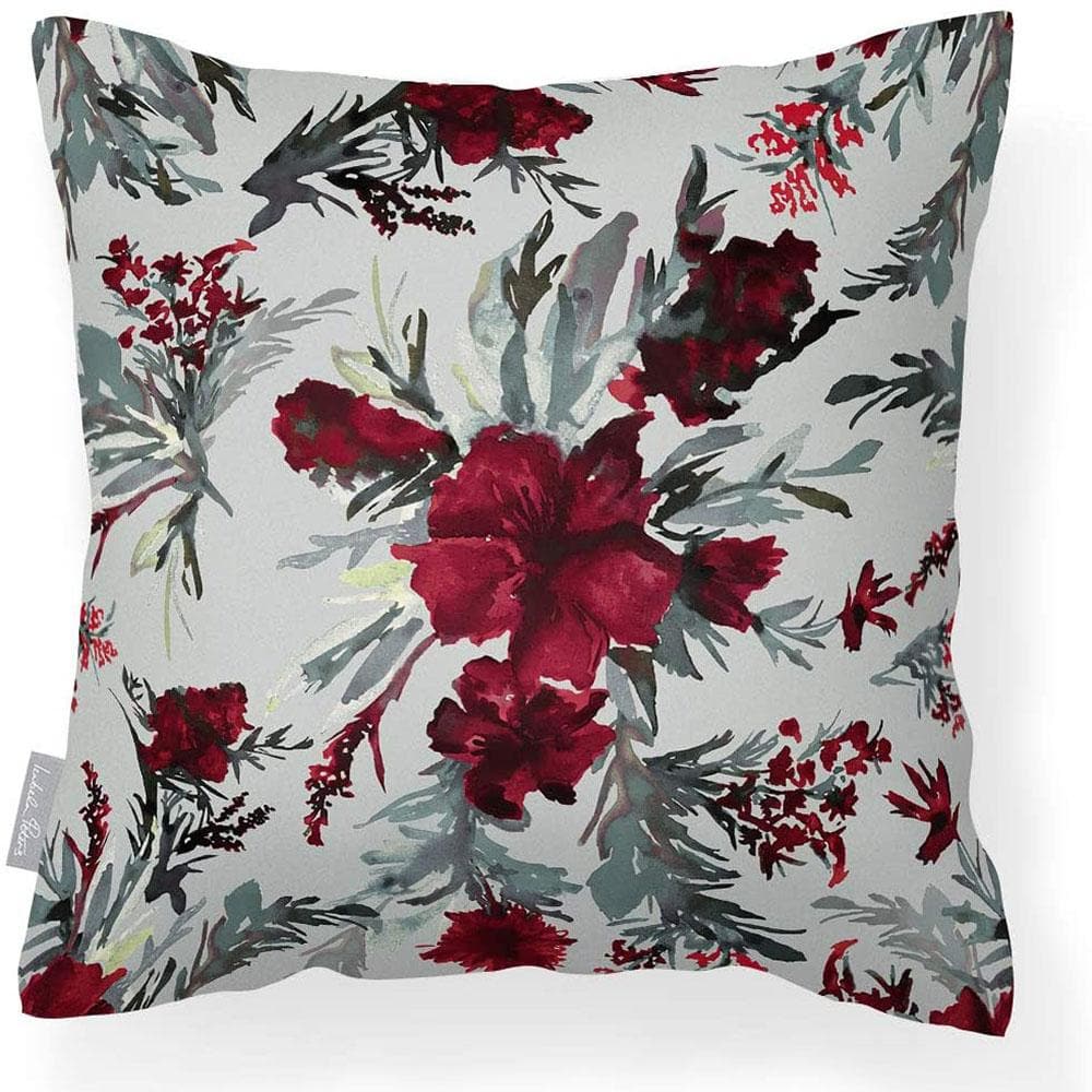 Outdoor Garden Waterproof Cushion - Floral Display - Garnet Red on Gainsboro Grey 50 x 50 cm by Izabela Peters