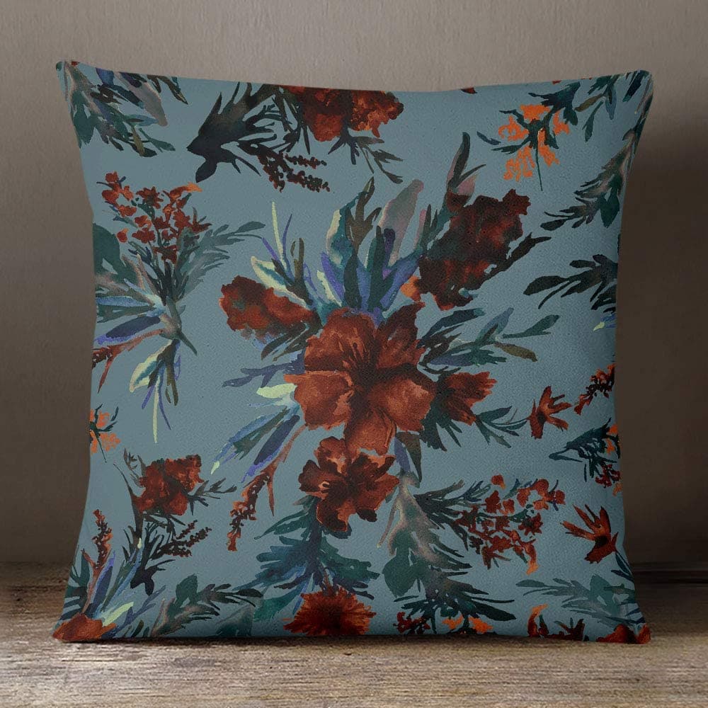 Outdoor Garden Waterproof Cushion - Floral Display - Orange Rust on Teal 50 x 50 cm by Izabela Peters