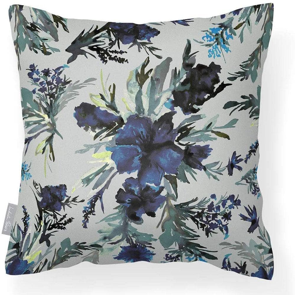 Outdoor Garden Waterproof Cushion - Floral Display - Shades of Sapphire on Gainsboro Grey 50 x 50 cm by Izabela Peters