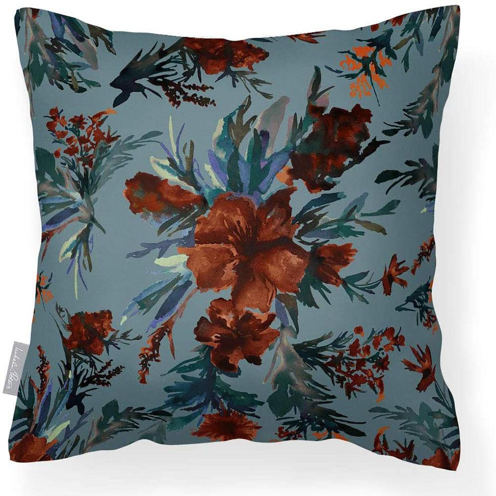 Outdoor Garden Waterproof Cushion - Floral Display  Izabela Peters Orange Rust on Teal 40 x 40 cm 