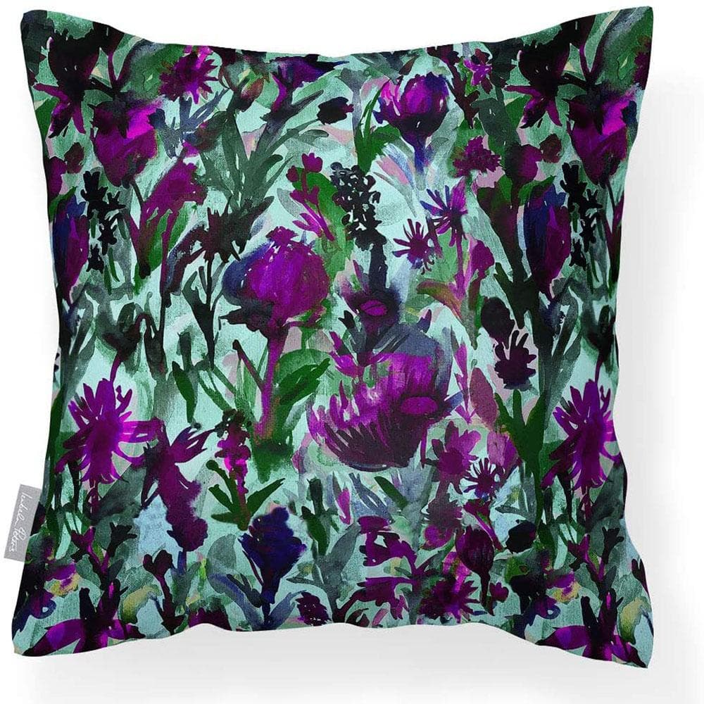Outdoor Garden Waterproof Cushion - Herbaceous Border  Izabela Peters Violet on Shades of Forrest Green 40 x 40 cm 