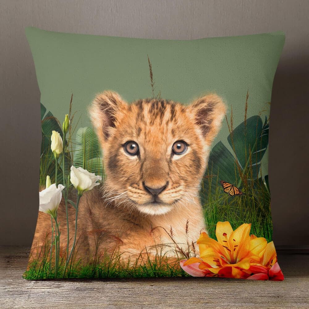 Outdoor Garden Waterproof Cushion - Jungle Lion Cub in Sage 50 x 50 cm | Izabela Peters