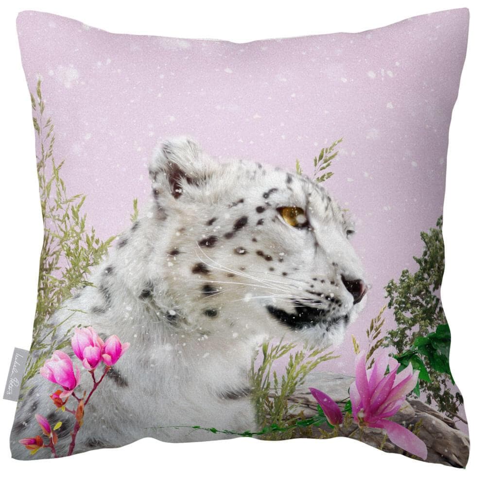 Outdoor Garden Waterproof Cushion - Majestic Snow Leopard - Blush Pink 50 x 50 cm by Izabela Peters