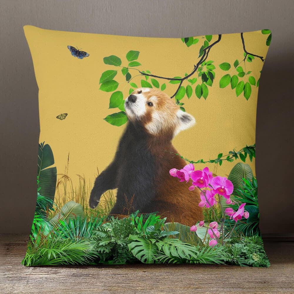 Outdoor Garden Waterproof Cushion - Rare Red Panda - Mustard 50 x 50 cm by Izabela Peters