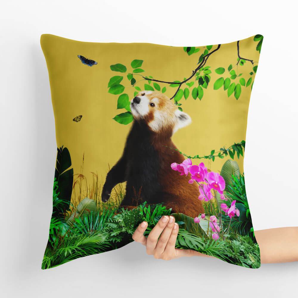 Outdoor Garden Waterproof Cushion - Rare Red Panda - Mustard 50 x 50 cm by Izabela Peters