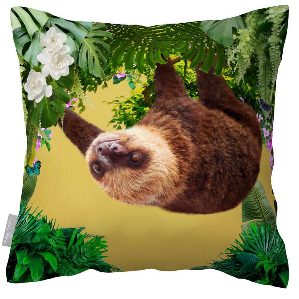 Outdoor Garden Waterproof Cushion - The Relaxing Sloth - Mustard 50 x 50 cm by Izabela Peters