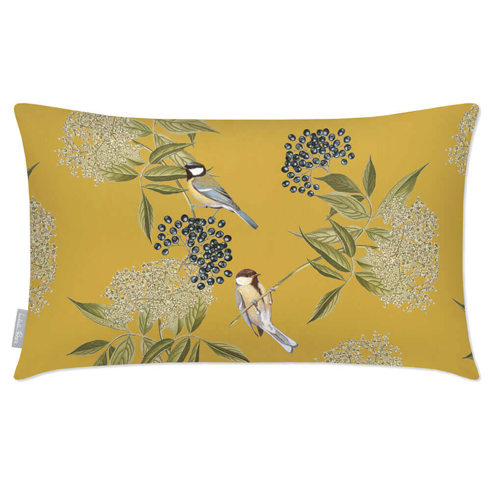 Outdoor Garden Waterproof Rectangle Cushion - Birds On Elderflower - Mustard 50 x 30 cm by Izabela Peters