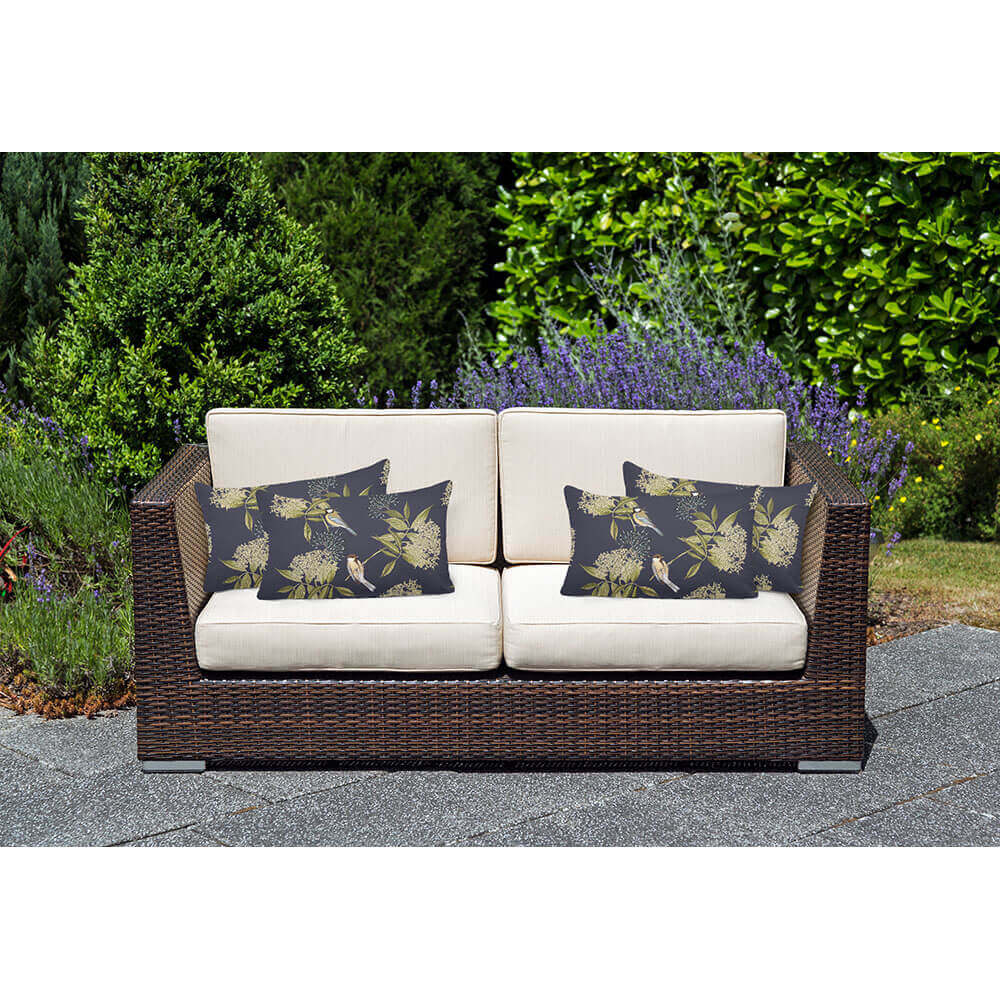 Outdoor Garden Waterproof Rectangle Cushion - Birds On Elderflower Luxury Outdoor Cushions Izabela Peters   
