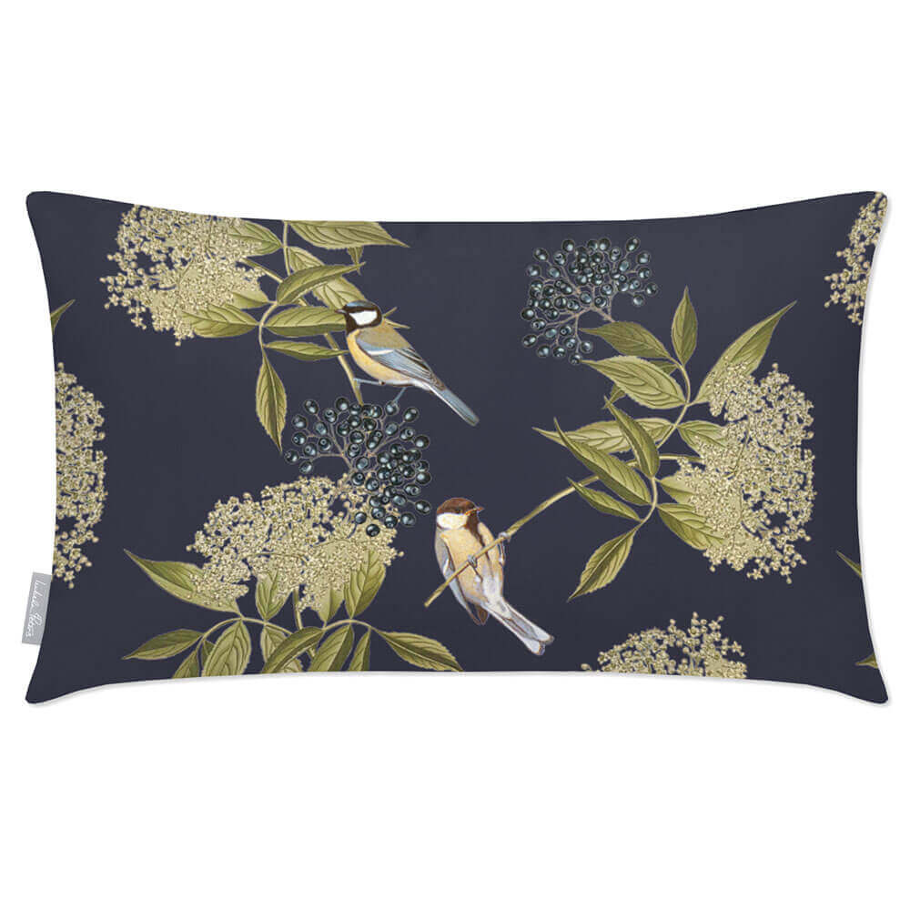 Outdoor Garden Waterproof Rectangle Cushion - Birds On Elderflower - Graphite 50 x 30 cm by Izabela Peters