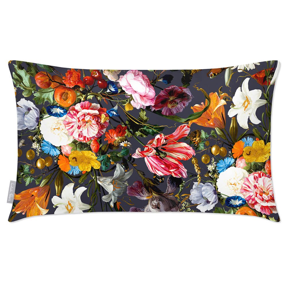 Outdoor Garden Waterproof Rectangle Cushion - Floral Dream - Graphite 50 x 30 cm by Izabela Peters